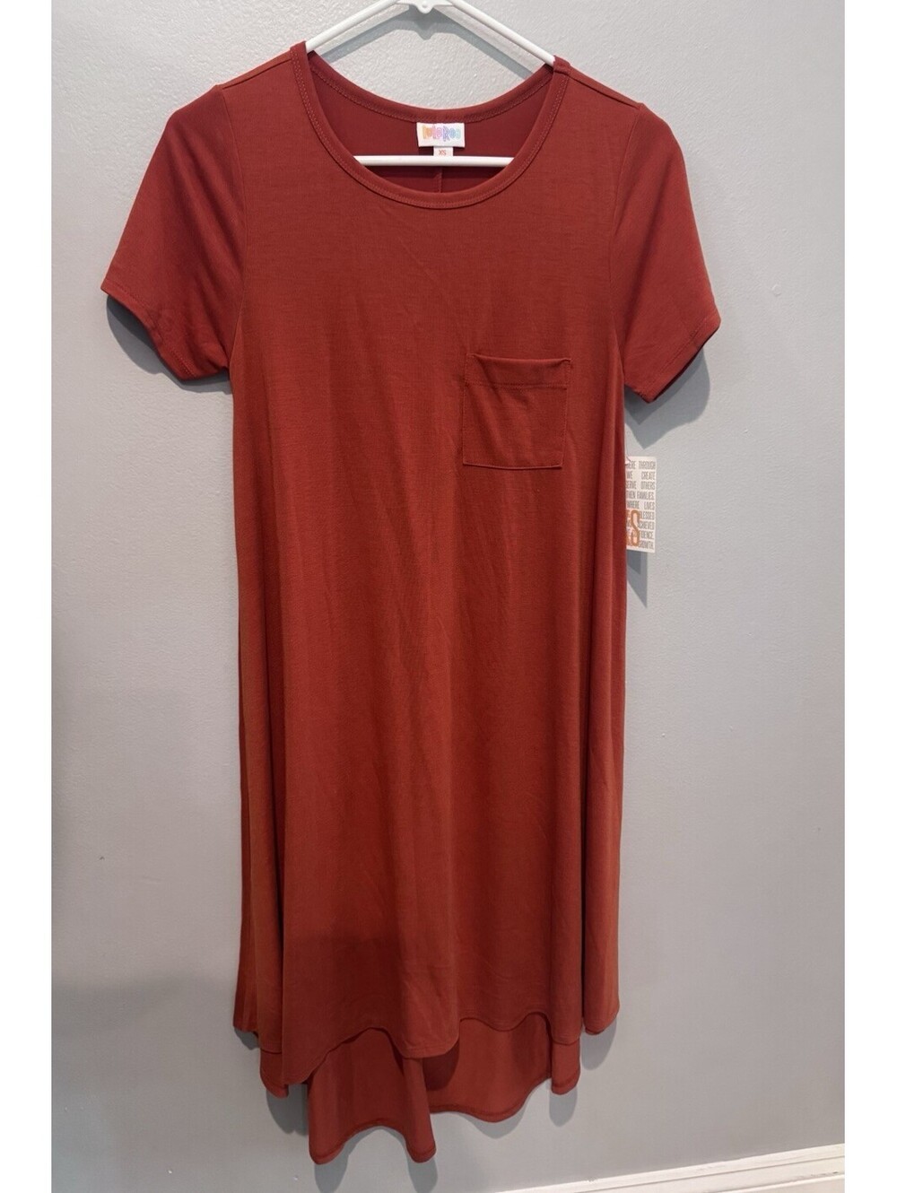 LuLaRoe Carly XS Dress Burnt Rust Short Sleeve Hi Low Hem NWT